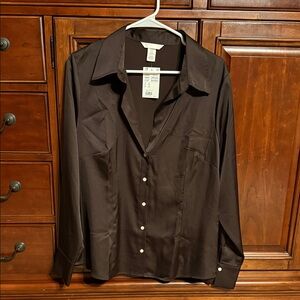 H&M Brown V-neck Satin Button-Up Blouse, XL NWT